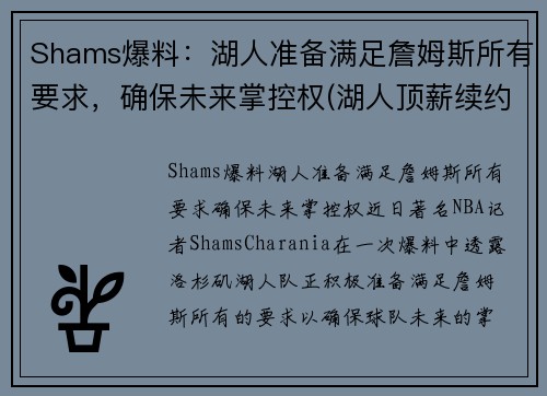 Shams爆料：湖人准备满足詹姆斯所有要求，确保未来掌控权(湖人顶薪续约詹姆斯)